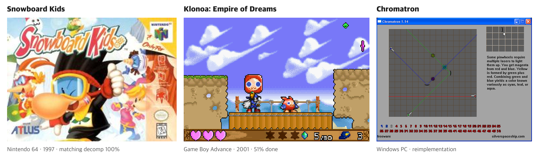 The three games in this guide: the North American box of Snowboard Kids (Nintendo 64), a Klonoa: Empire of Dreams gameplay screen (Game Boy Advance), and a Chromatron gameplay screen (Windows PC)