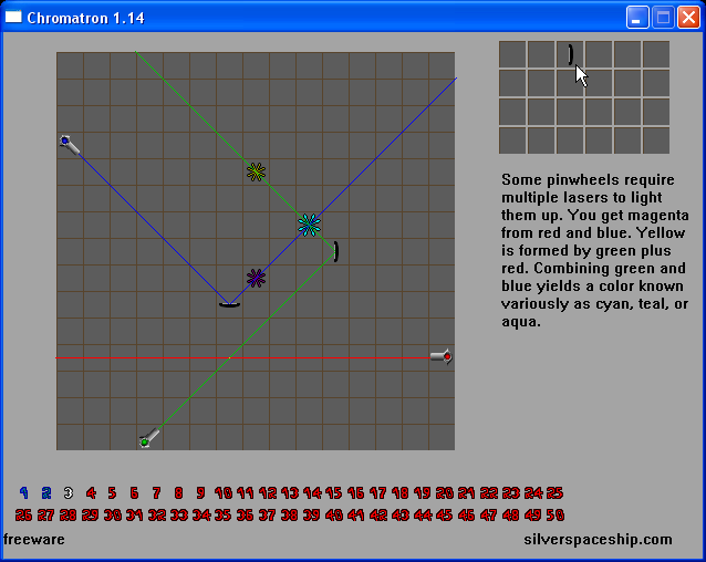 The original Windows Chromatron, level 3: a grid puzzle where you place mirrors to reflect laser beams