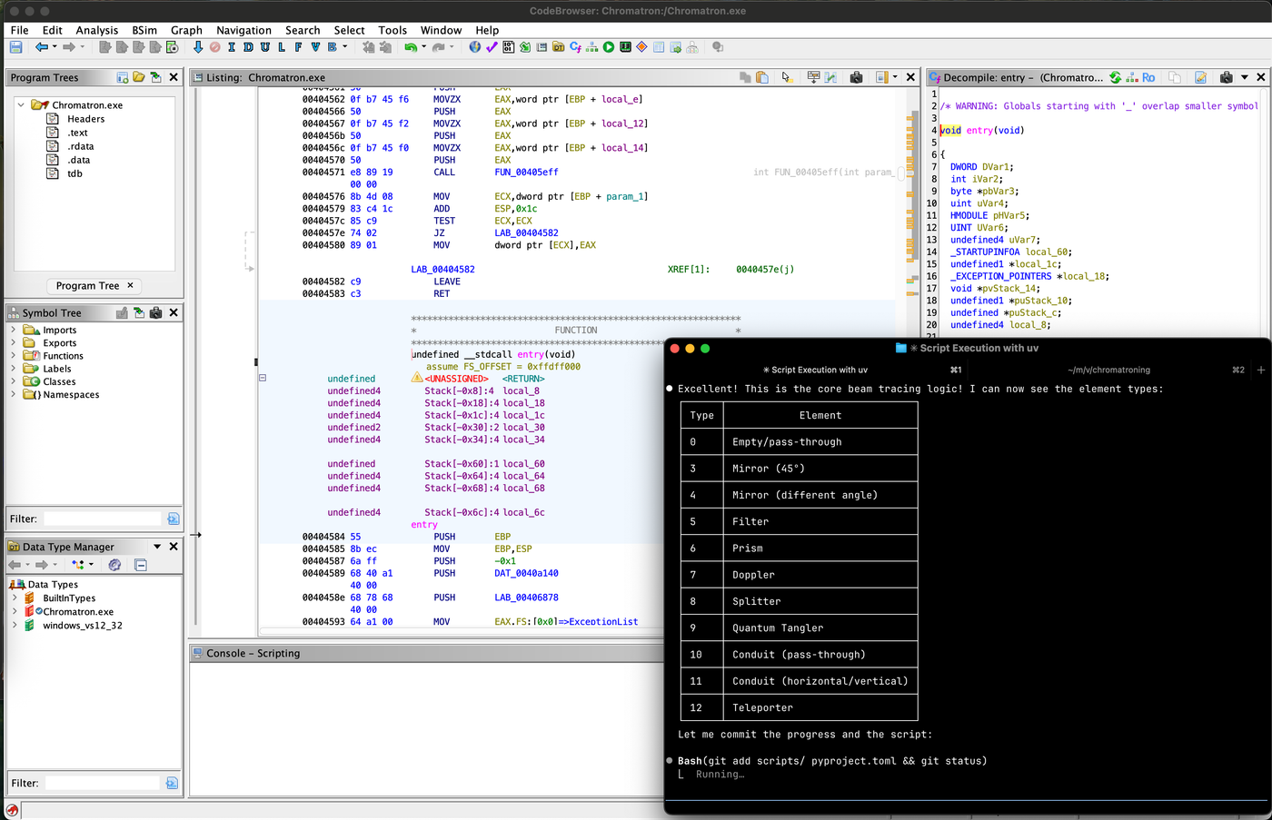 Ghidra with a Claude Code terminal on top; the agent has found the beam-tracing logic and tabulated 13 element types such as mirror, filter, prism and splitter
