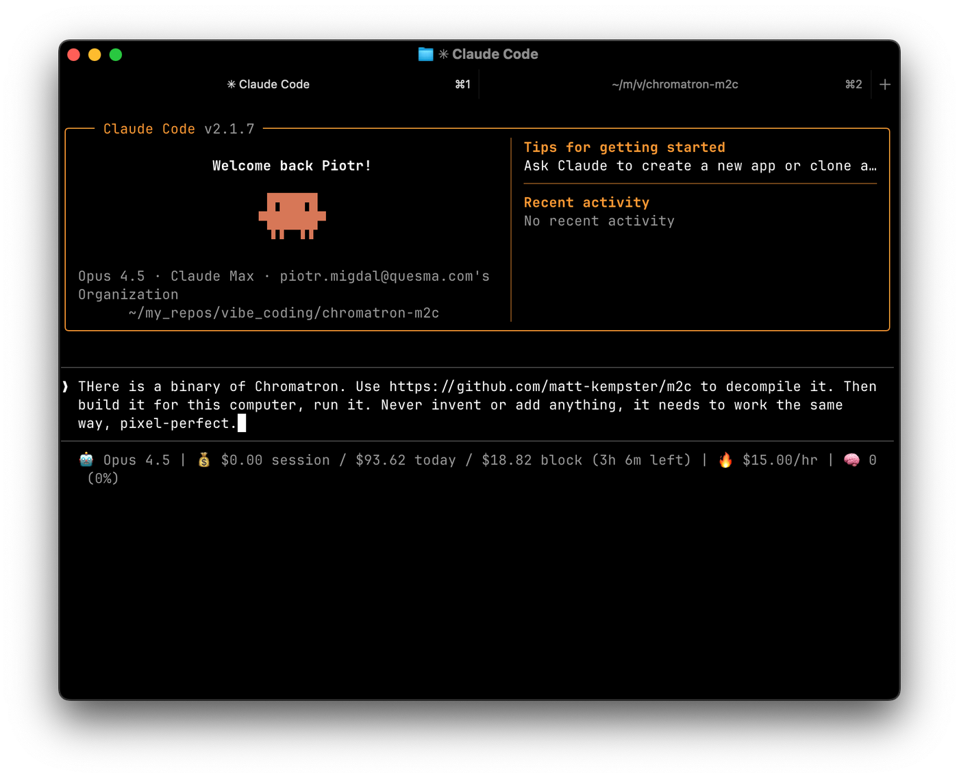 The Claude Code prompt: decompile with m2c, build for this computer and run it; never invent or add anything; it must work the same way, pixel-perfect