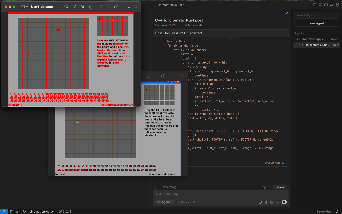 A pixel comparison with differing pixels in red, next to Cursor where GPT-5.2-Codex writes the comparison script